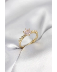 Gold Renk Pembe Tek Taş Model Zirkon Taşlı Kadın Yüzük