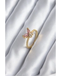 Gold Renk Pembe Zirkon Taşlı Kelebek Model Kadın Yüzük