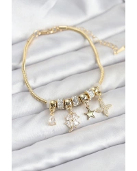 Gold Renk Pirinç Yonca Charmlı Kadın Bileklik