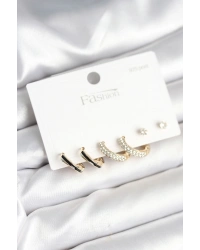 Gold Renk Pirinç Zirkon Taşlı 925 Ayar Gümüş Çivili Kadın Küpe Seti