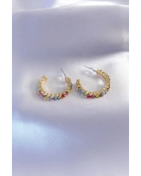 Gold Renk Yarım Halka Model Renkli Kristal Taşlı Kadın Küpe