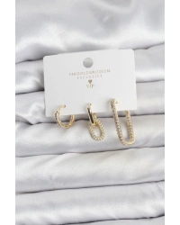 Gold Renk Zirkon Taşlı 3lü Kadın Küpe Seti