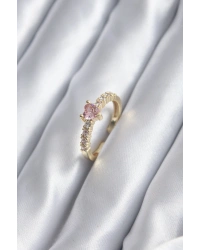 Gold Renk Zirkon Taşlı Pembe Kristal Kalp Model Kadın Yüzük