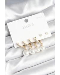 Gold Renk Zirkon Taşlı Pirinç İncili 925 Ayar Gümüş Çivili Küpe Seti