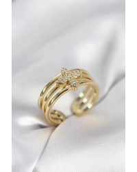 Gold Renk Zirkon Taşlı Yonca Model Kadın Yüzük