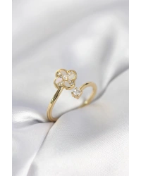 Gold Renk Zirkon Taşlı Yonca Model Kadın Yüzük