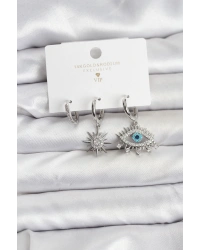 Göz Model Gümüş Renk Pirinç 3lü Kadın Küpe Seti