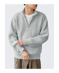 Gri Erkek Oversize Fermuarlı Balıkçı Triko Kazak