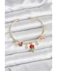 Gül Charmlı Gold Renk Pirinç Kadın Bileklik