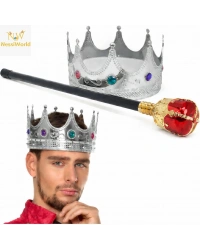 Gümüş Kral Tacı Kraliyet Tacı 60 cm ve Kırmızı Topuzlu Kral Asası Seti