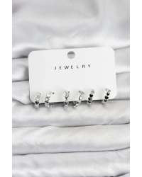 Gümüş Renk Pirinç Minimal Kalp Detaylı Kadın Küpe Seti