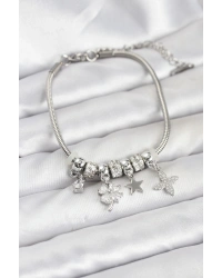 Gümüş Renk Pirinç Yonca Charmlı Kadın Bileklik