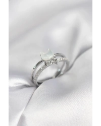 Gümüş Renk Sedefli Kedi Model Fiyonklu Zirkon Taşlı Kadın Yüzük