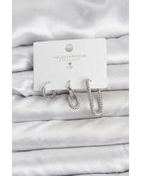 Gümüş Renk Zirkon Taşlı 3lü Kadın Küpe Seti