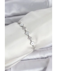 Gümüş Renk Zirkon Taşlı Sıralı Yonca Model Asansörlü Kadın Bileklik