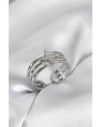 Gümüş Renk Zirkon Taşlı Yonca Model Kadın Yüzük