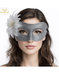 Gümüş Simli Tüylü Balo Maskesi – Kadın Parti & Maskeli Balo Maskesi
