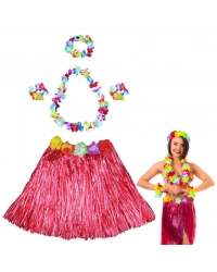 Hawaii Dans Kostümü – Kırmızı Hula Etek & Çiçek Kolye Seti