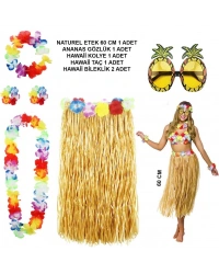 Hawaii Parti Kostüm Seti - 60 cm Hasır Etek, Çiçekli Aksesuarlar ve Ananas Gözlük NessiWorld