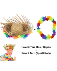 Hawaii Tarzı Tropikal Çiçekli Hasır Şapka ve Çiçekli Hawaii Kolye