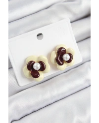 İnci Detaylı Krem Kahverengi Renk Papatya Model Kadın Küpe