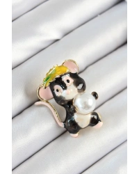 İnci Detaylı Siyah Ve Pembe 3D Sevimli Fare Figürlü Gold Renk Kadın Broş