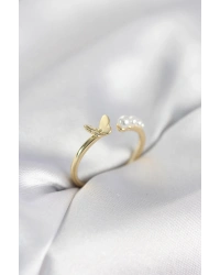 İncili Kelebek Model Gold Renk Pirinç Kadın Yüzük