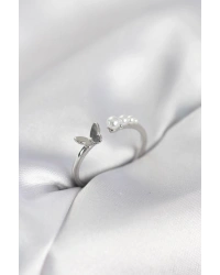 İncili Kelebek Model Gümüş Renk Pirinç Kadın Yüzük