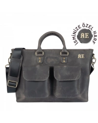 İsme Özel Askılı Cepli Evrak - Laptop Çantası - %100 Crazy Deri - AC09003 - Antrasit
