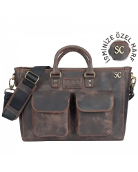 İsme Özel Askılı Cepli Evrak - Laptop Çantası - %100 Crazy Deri - AC09003 - Kahverengi
