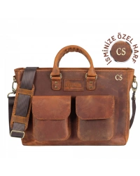 İsme Özel Askılı Cepli Evrak - Laptop Çantası - %100 Crazy Deri - AC09003 - Taba
