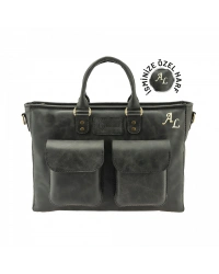 İsme Özel Askılı Cepli Evrak - Laptop Çantası - %100 Rainbow Deri - AC09002 - Antrasit