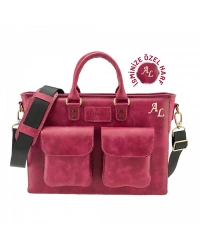 İsme Özel Askılı Cepli Evrak - Laptop Çantası - %100 Rainbow Deri - AC09002 - Fuşya