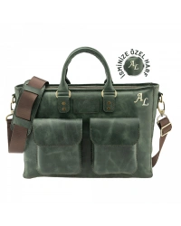 İsme Özel Askılı Cepli Evrak - Laptop Çantası - %100 Rainbow Deri - AC09002 - Haki