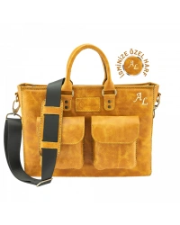 İsme Özel Askılı Cepli Evrak - Laptop Çantası - %100 Rainbow Deri - AC09002 - Hardal Sarısı