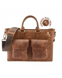 İsme Özel Askılı Cepli Evrak - Laptop Çantası - %100 Rainbow Deri - AC09002 - Kahverengi