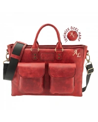 İsme Özel Askılı Cepli Evrak - Laptop Çantası - %100 Rainbow Deri - AC09002 - Kırmızı