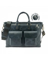 İsme Özel Askılı Cepli Evrak - Laptop Çantası - %100 Rainbow Deri - AC09002 - Lacivert