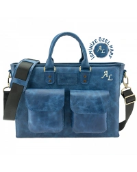 İsme Özel Askılı Cepli Evrak - Laptop Çantası - %100 Rainbow Deri - AC09002 - Saks Mavisi