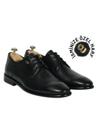 İsme Özel Bağcıklı Kösele Erkek Ayakkabı - %100 Hakiki Antik Deri - Altın Harf - AA01001 - Siyah
