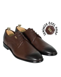 İsme Özel Bağcıklı Kösele Erkek Ayakkabı - %100 Hakiki Antik Deri - Gümüş Konseptli- AA01009 - Kahverengi