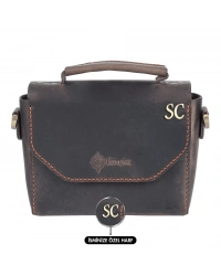 İsme Özel Çıtçıtlı Küçük Boy Zincirli El Omuz Çantası - %100 Crazy Deri - AC14003 - Kahverengi