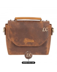 İsme Özel Çıtçıtlı Küçük Boy Zincirli El Omuz Çantası - %100 Crazy Deri - AC14003 - Taba