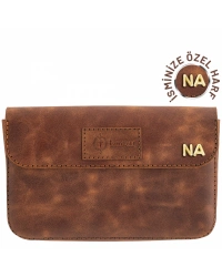 İsme Özel Çıtçıtlı Küçük El Çantası - %100 Rainbow Deri - AC14001 - Kahverengi