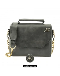 İsme Özel Çıtçıtlı Zincirli Küçük Boy El Omuz Çantası - %100 Deri - AC03001 - Antrasit
