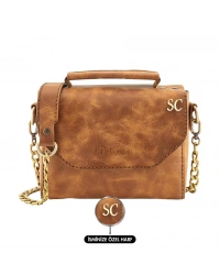 İsme Özel Çıtçıtlı Zincirli Küçük Boy El Omuz Çantası - %100 Deri - AC03001 - Camel