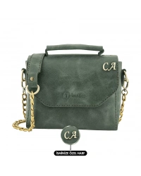 İsme Özel Çıtçıtlı Zincirli Küçük Boy El Omuz Çantası - %100 Deri - AC03001 - Haki