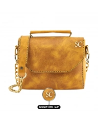 İsme Özel Çıtçıtlı Zincirli Küçük Boy El Omuz Çantası - %100 Deri - AC03001 - Hardal Sarısı