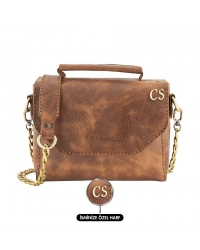 İsme Özel Çıtçıtlı Zincirli Küçük Boy El Omuz Çantası - %100 Deri - AC03001 - Kahverengi