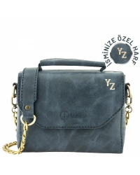 İsme Özel Çıtçıtlı Zincirli Küçük Boy El Omuz Çantası - %100 Deri - AC03001 - Lacivert